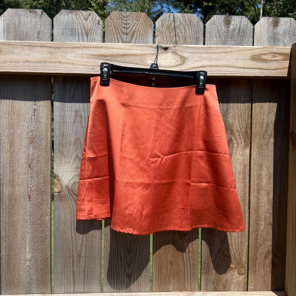 Lyaner Burnt Orange Satin Mini Skirt High Waisted A-Line Rust Size Large